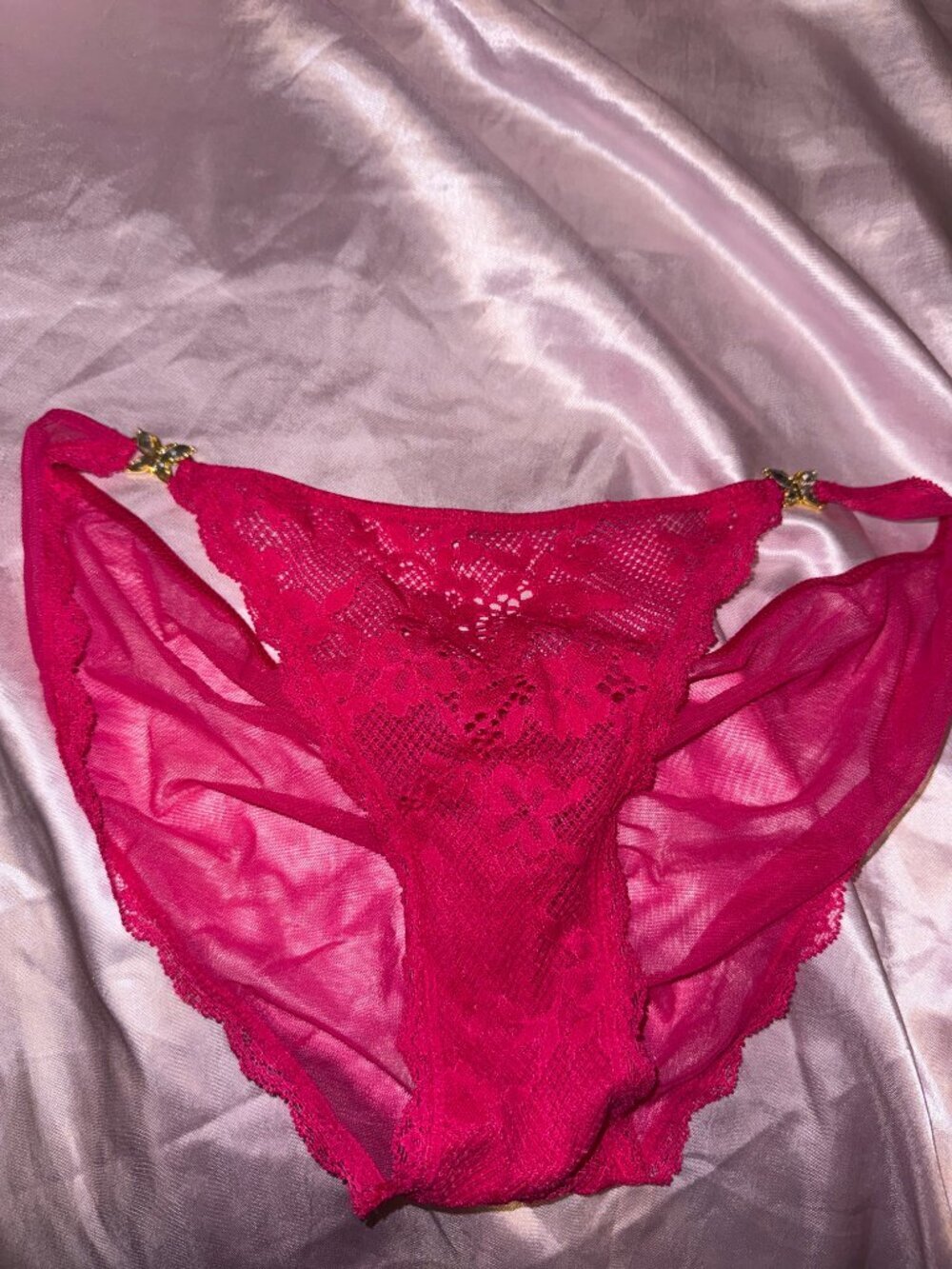 NWT Victoria’s Secret Bling Gold Rhinestone Butterfly Hot Pink Lace Panty